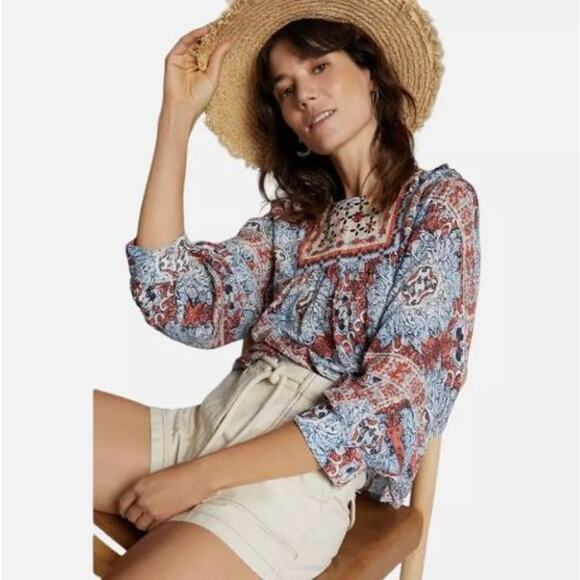 Anthropologie Tops - Anthro See Worn Kept Embroidered Blouse Womens Medium Blue Peasant Minuet Tops
